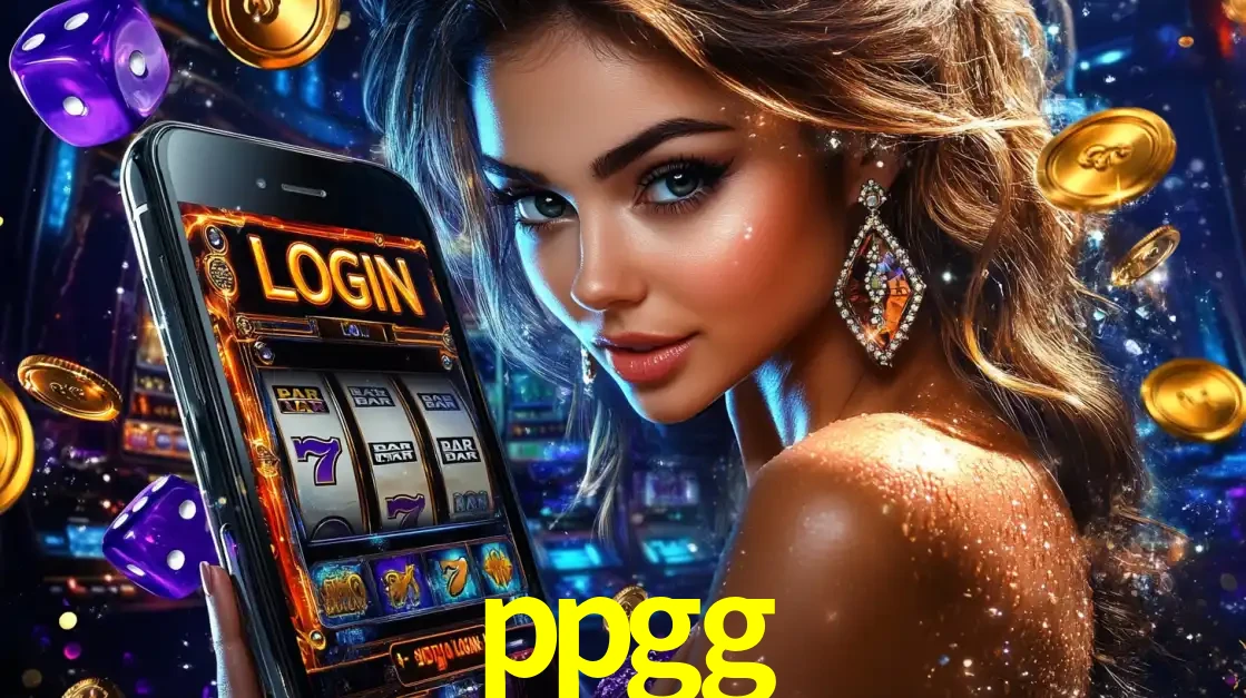 Mulher glamorosa segurando um smartphone com a tela de login para os jogos de caça-níqueis do cassino online ppgg, com moedas de ouro e dados ao redor.